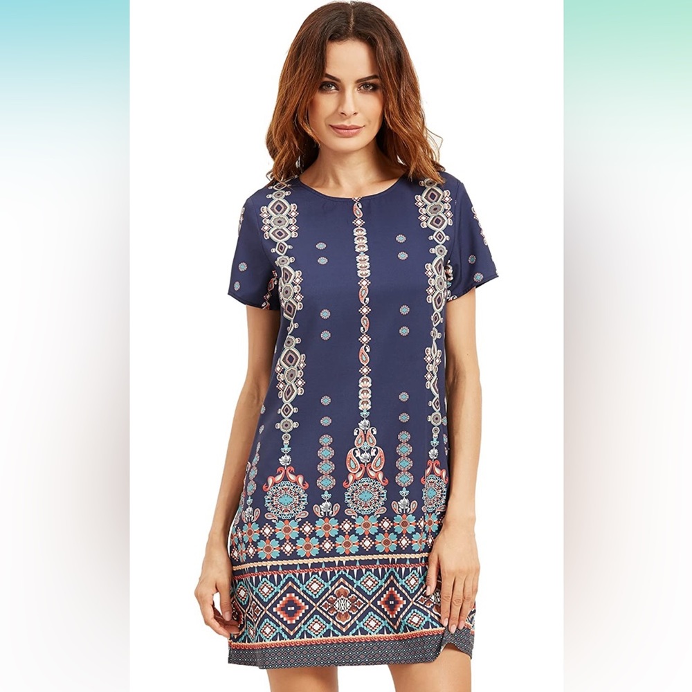 Blue bohemian Aztec print shift dress